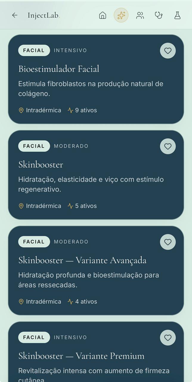 Tela Protocolos do app InjectLab